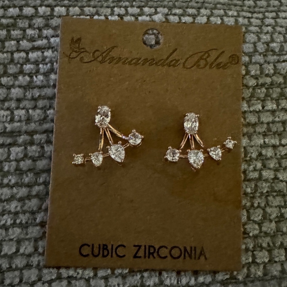 Bnwt Amanda Blue Rosegold Stud Earrings Cubic Zirconia with Ear Enhancer